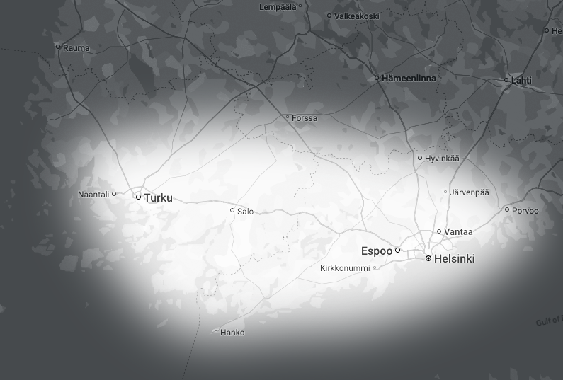 Kartta Uudenmaan ja Varsinais-Suomen alueesta, Espoo ja Turku merkittyinä